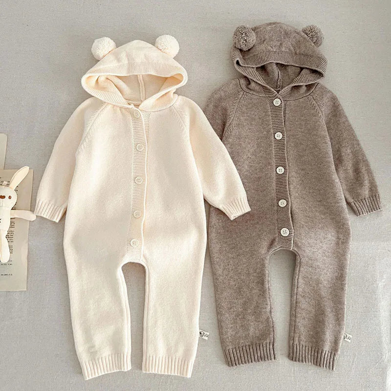 Autumn Winter Newborn Baby Boys Girl Knitted Jumpsuit Solid Color Knitting Hooded Infant Baby Bodysuits Children Knitted Clothes