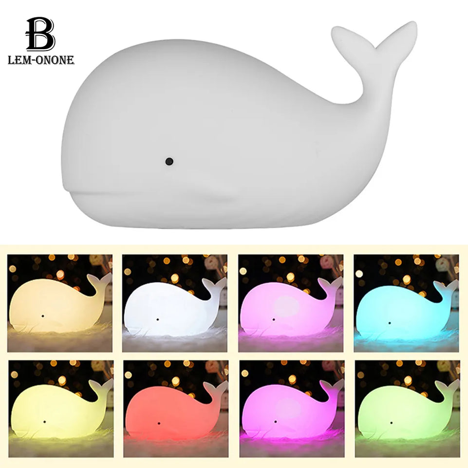 LED Night Lights Cartoon Whale Shape Silicone Patting Lamp USB Charging Atmosphere Lamps Bedside Decor for Kids Baby Gifts