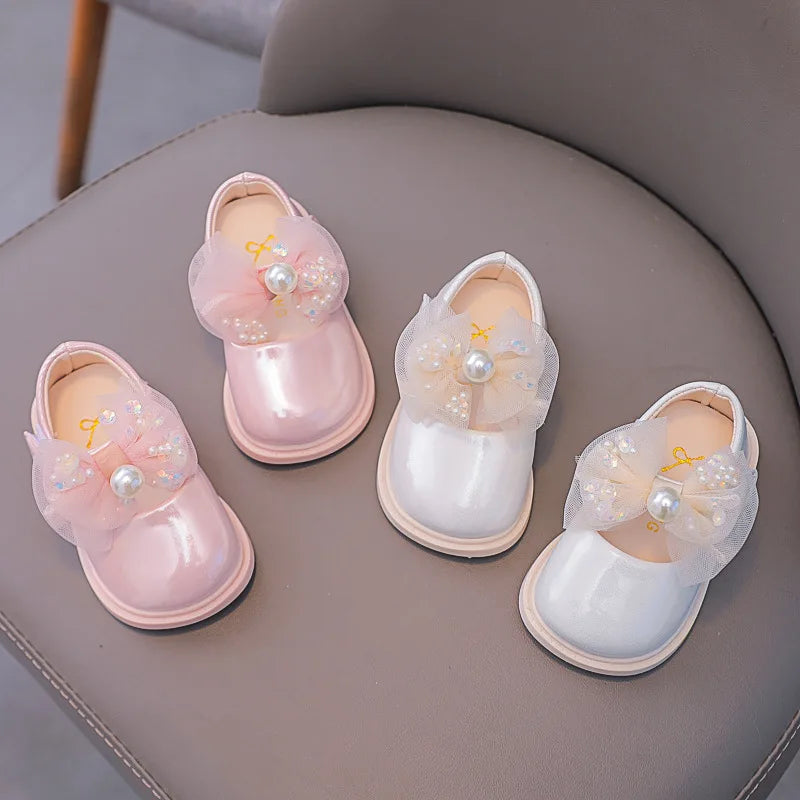Spring Autumn Baby Girl Shoes Cute Bow Pearl Baby Girl Shoes Flat Heels Kids Princess Shoes First Walkers Pink White