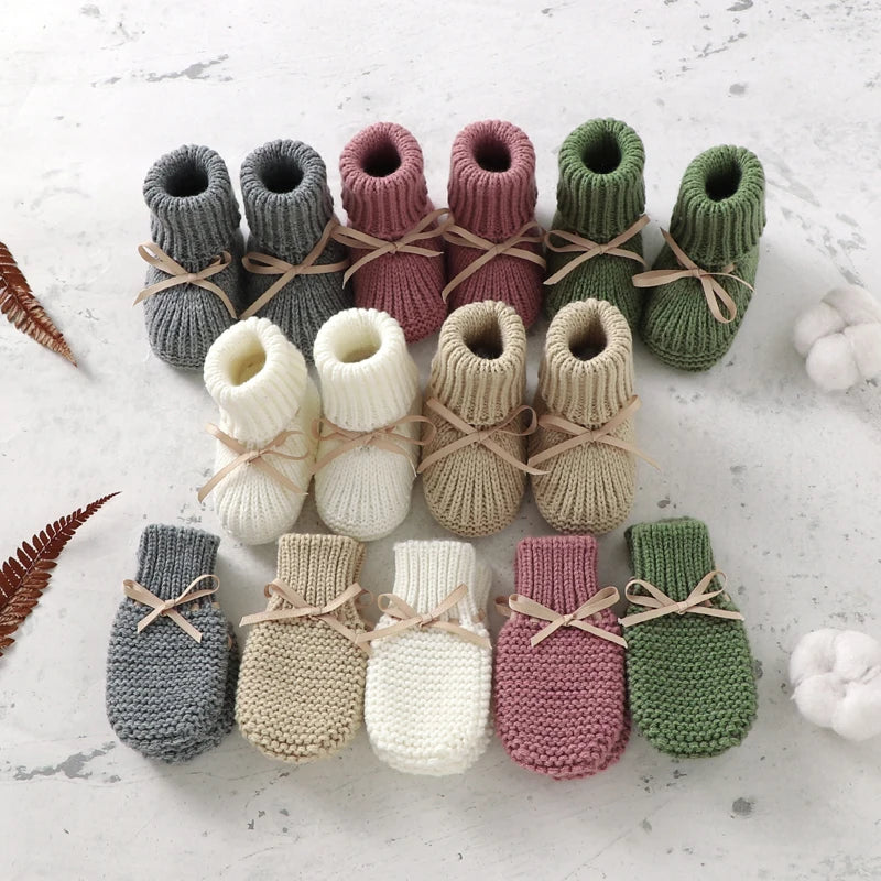 Newborn Baby Shoes Gloves Set Handmade Infant Boy Girl Boots Mittens Knitted Fashion Bow Toddler Kid Clothing Accessories 0-18M