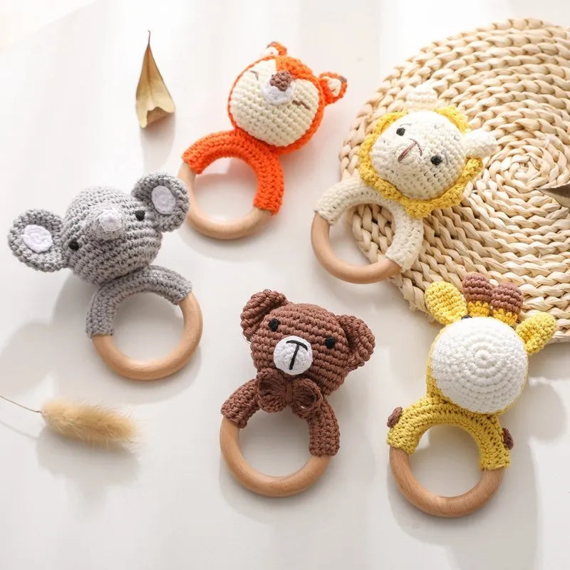 1pc Baby Rattles Crochet Bunny Rattle Toy Wood Ring Baby Teether Rodent Baby Gym Mobile Rattles Newborn Educational Toys Gifts