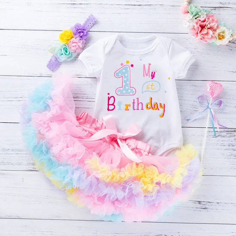 6-24M Baby Girls Tutu Clothes Set White Bodysuit Pettiskirt Birthday Outfits Infant 1st Party with Headband  Suit for Baby Girls