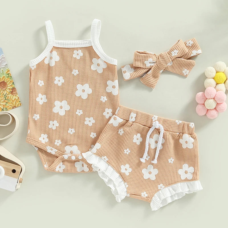 Summer Toddler Newborn Baby Girls Clothes Sets Waffle Floral Print Sleeveless Bodysuits+Ruffes Drawstring Shorts+Headband