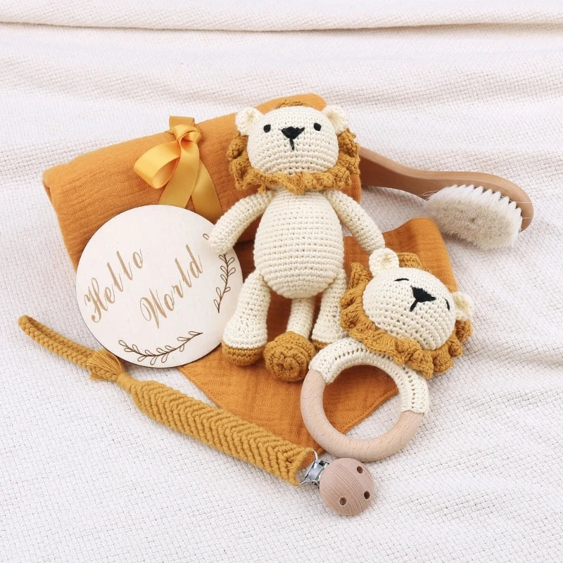 Handmade Crochet Animal Baby Teether Toy Wooden Newborn Teether Koala Stuffed Doll Muslin Blanket Baby Birth Souvenir Gift Box