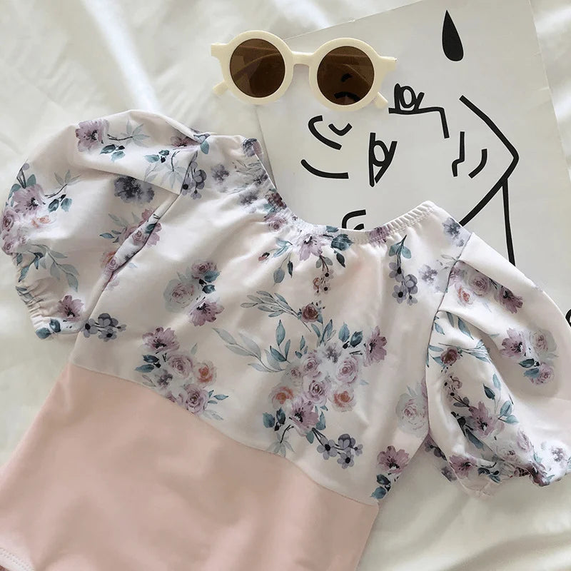 Fashion Baby Girl Swim Suit Infant Toddler Child Swimwear+Cap 2PCS Puff Sleeve Swim Suit Floral Bathing Suit Baby Clothes 1-7Y