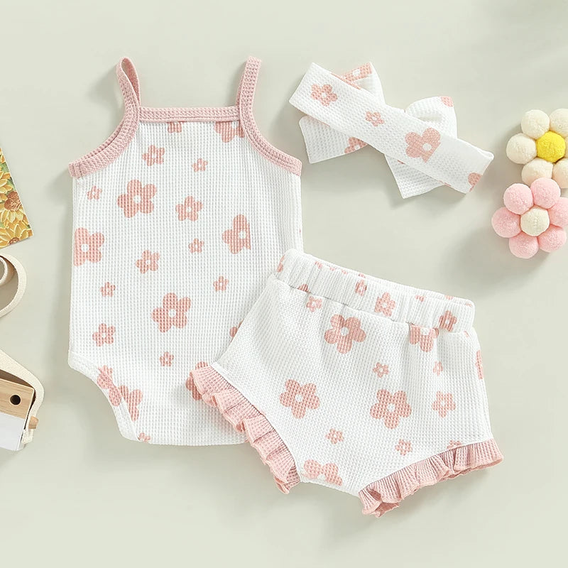 Summer Toddler Newborn Baby Girls Clothes Sets Waffle Floral Print Sleeveless Bodysuits+Ruffes Drawstring Shorts+Headband