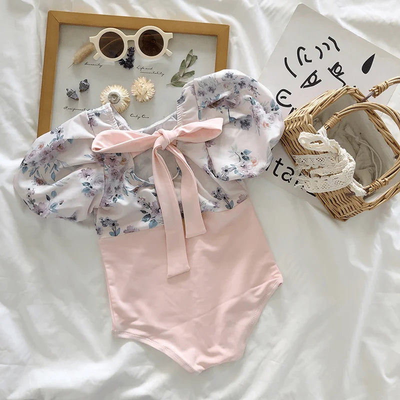 Fashion Baby Girl Swim Suit Infant Toddler Child Swimwear+Cap 2PCS Puff Sleeve Swim Suit Floral Bathing Suit Baby Clothes 1-7Y